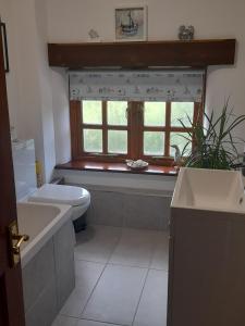 baño con aseo y lavabo y ventana en Delightful Devon Cottage en East Budleigh