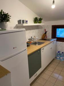 a kitchen with a white refrigerator and a sink at Apartman Novica in Herceg-Novi