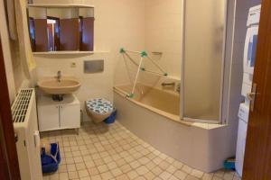 La salle de bains est pourvue d'un lavabo, de toilettes et d'une douche. dans l'établissement Appartement in Böblingen, à Böblingen