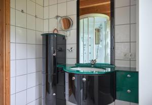 baño con lavabo verde y espejo en Brabander Hütte en Gaschurn