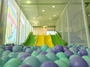 宜蘭市的住宿－宜蘭悅川酒店，一个带紫色和绿色滑梯的儿童游戏室