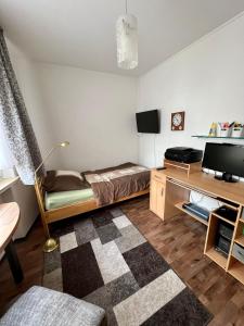 een kamer met een bed en een bureau met een televisie bij Lichtdurchflutete große Wohnung in Schwelm