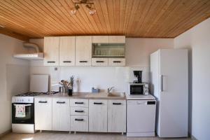 a kitchen with white appliances and a wooden ceiling at Casa Cretu Visina in Vişina