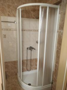 a shower with a glass door in a bathroom at Anassa Deluxe Apartments & Studios in Skala Potamias