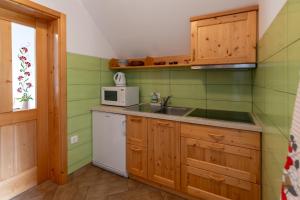 una cocina con fregadero y microondas en Apartments Omahen, en Bohinj 7 fotos más