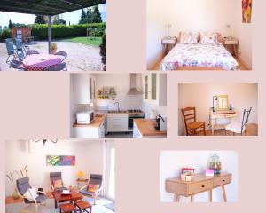 un collage di foto di una camera con letto e mobili di Gîte des Laquets a Sérignan-du-Comtat
