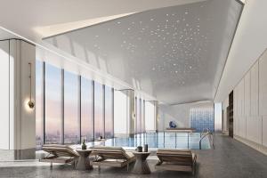 a rendering of a hotel lobby with a view of the city at Cordis, Xuzhou in Xuzhou