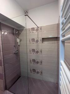布拉索夫的住宿－老城區酒店，浴室里设有玻璃门淋浴