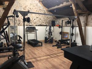 un gimnasio con varias máquinas de correr en una habitación en Mobile Home Etang II, en Chiddes