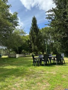 a table and chairs in a field with trees at Gîte la grande racinaie in Cré-sur-Loir