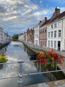 un canal en una ciudad con edificios y flores en B&B Anna9, en Brujas