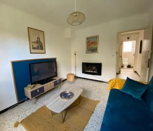a living room with a blue couch and a tv at Une pause au paradis in Sorgues