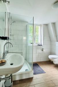 a bathroom with a sink and a shower and a toilet at Der Stader Hafenblick in Stade
