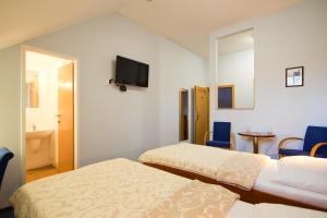 pokój hotelowy z dwoma łóżkami i telewizorem w obiekcie Hotel Čertousy w Pradze