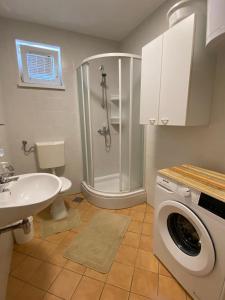 a bathroom with a shower sink and a washing machine at Apartment Vivoda in Štinjan