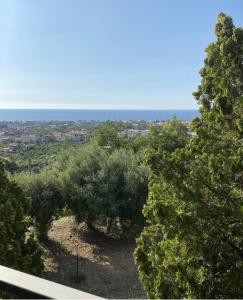 a view of the ocean through trees on a hill at Dal barone in Capo dʼOrlando