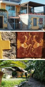 two pictures of a building with a painting of animals at S'Alzolitta in Magomadas