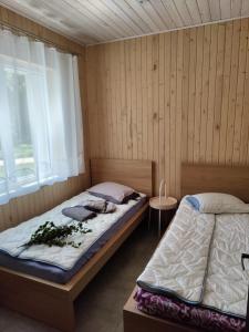 Duas camas num quarto com paredes de madeira e uma janela em Zvaigznītes em Aglona