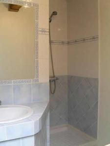 een badkamer met een wastafel en een douche met een spiegel bij Private villa with pool Villa avec piscine in Castelnau-de-Guers