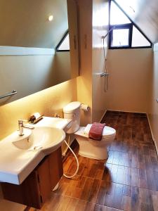 uma casa de banho com um lavatório, um WC e um espelho. em PAN KLED VILLA eco hill resort - SHA extra plus em Chiang Rai