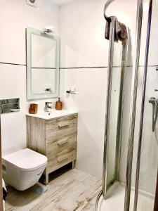 ein Badezimmer mit Toilette, Waschbecken und Spiegel in der Unterkunft Apartamento Vistas al mar in Algarrobo-Costa