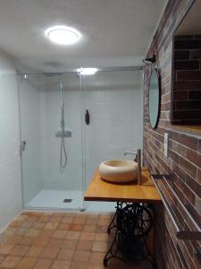 a bathroom with a shower with a sink and a mirror at Chambres d'hôtes La Tour de Bellevue in Saumur