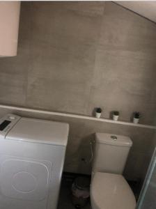 een badkamer met een toilet en drie planten op een plank bij Un Studio dans un endroit tranquille in Roquefort-les-Pins