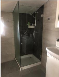 een douche met een glazen deur in de badkamer bij Un Studio dans un endroit tranquille in Roquefort-les-Pins