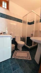 La salle de bains est pourvue de toilettes, d'une douche et d'un lavabo. dans l'établissement Αρχοντικό Θεανώ 1 Archontiko Theano 1, à Agios Lavrentios