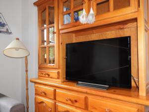 a flat screen tv on a wooden entertainment center at UNIQUE EXPERIENCE - Boí-Taüll Apartment in Pla de l'Ermita