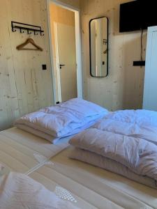 カラントスウオーフにあるLuxe vakantielodge in Callantsoog aan zeeの鏡付きの部屋にベッド2台が備わります。