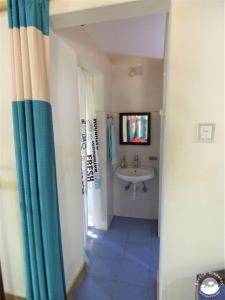 een badkamer met een wastafel en een tv aan de muur bij Bardia Homestay Pvt. Ltd. in Bhurkīā