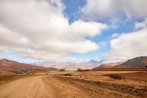 un camino de tierra en un campo con montañas en el fondo en Bergview Farm Cottages en Underberg