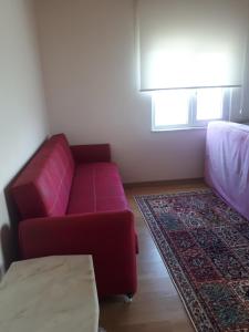 a living room with a red couch and a rug at Abdullah Su in Akcaabat