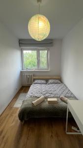 sypialnia z łóżkiem w pokoju z oknem w obiekcie Cozy room - nice view w Warszawie