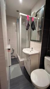 W łazience znajduje się prysznic, toaleta i umywalka. w obiekcie Cozy room - nice view w Warszawie