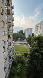 widok na park pomiędzy dwoma budynkami w obiekcie Cozy room - nice view w Warszawie