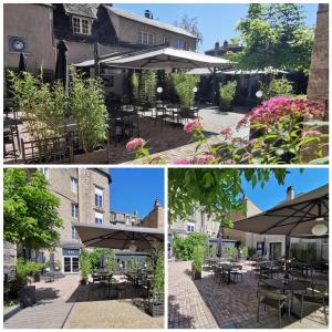 een collage van vier foto's van een patio met tafels en parasols bij Grand Hôtel Brive in Brive-la-Gaillarde