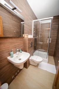 a bathroom with a sink and a shower and a toilet at Mini Hotel RiverLux Apartments in Bačka Palanka