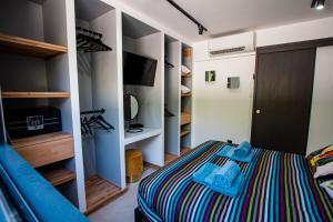 a bedroom with a bed and a tv and shelves at Appartement de caractère avec Jacuzzi in Fréjus