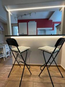 - deux chaises assises au bar de la cuisine dans l'établissement Appartement aux portes de Genève, à Collonges-sous-Salève