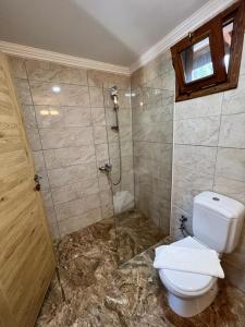 a bathroom with a shower and a toilet in it at Alicra Hotel Çıralı in Cıralı