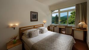 a bedroom with a bed and a desk and a window at Hotel Plitvice in Plitvička Jezera