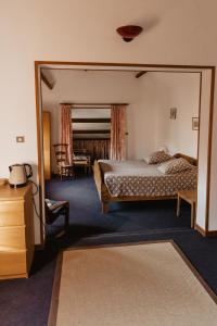 Habitación de hotel con cama y espejo en Hôtel Les Charmilles de Mormal, en Landrecies