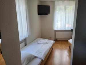 a small room with a bed and a television at Hotel Stadthof Glarus in Glarus