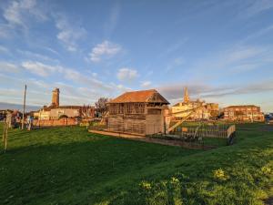 哈里奇的住宿－Arts House centre of Harwich Harbour，绿色草地上一座古老的木结构建筑