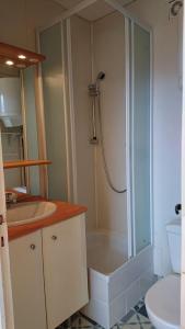 uma casa de banho com um chuveiro e um lavatório. em Le petit Nid Rouge em Ustou