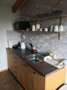 a kitchen with a sink and a brick wall at Ceremoniár in Poľný Kesov
