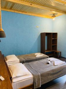two beds in a room with a blue wall at Tsotne's kingdom in Vardzia