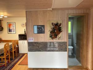ein Wohnzimmer mit einer Küche und einem Bad in der Unterkunft Chalet Margrith by Interhome in Oberwilen
